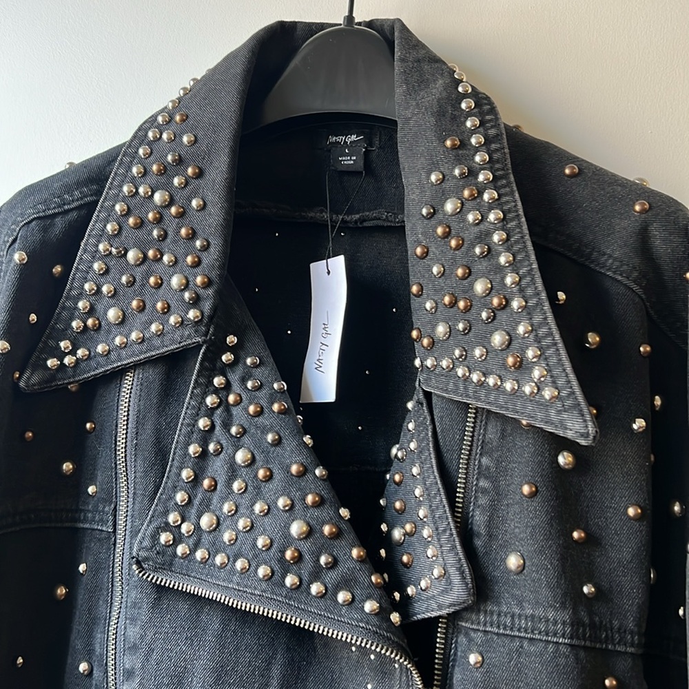 Nasty Gal Studded Black Denim oversize biker Jacket size L - Picture 2 of 9